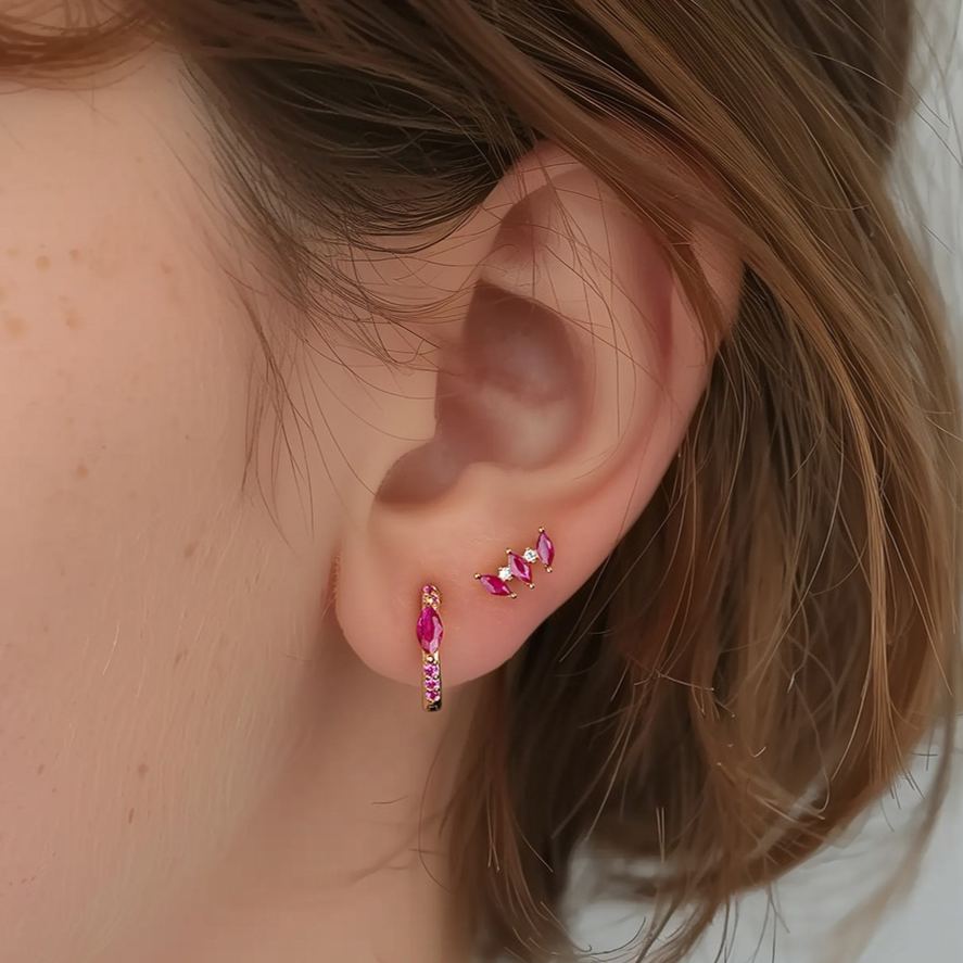 S925 Sterling Silver Geometric Earrings with Red Zirconia