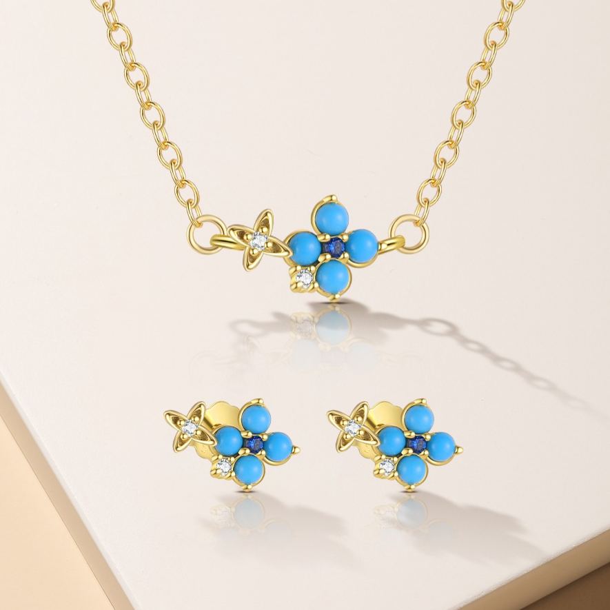 S925 Sterling Silver Turquoise Stud Earrings and Necklace Set