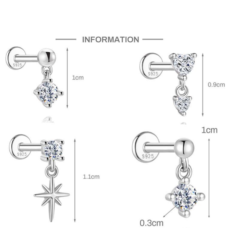 S925 Sterling Silver Hexagram Moissanite Threaded Cartilage Stud Earring