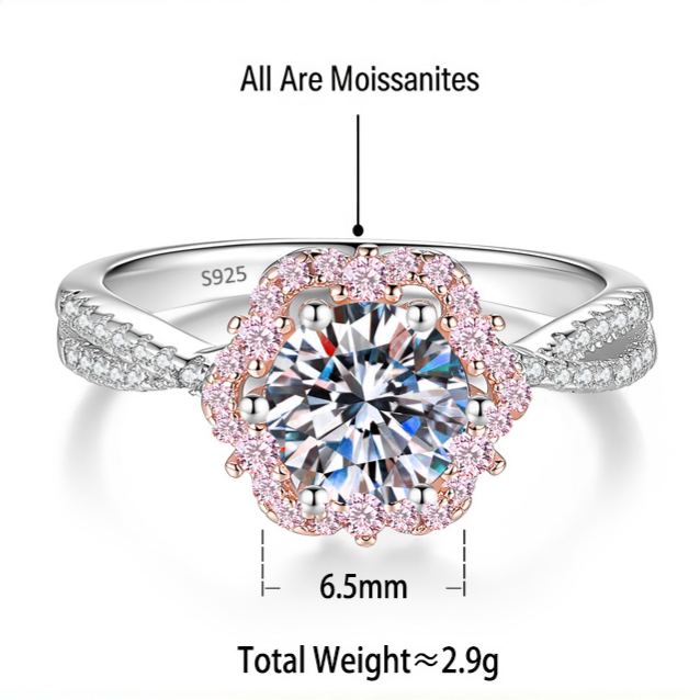 s925 Sterling Silver 1-Carat Moissanite Flower Ring with Twisted Shank