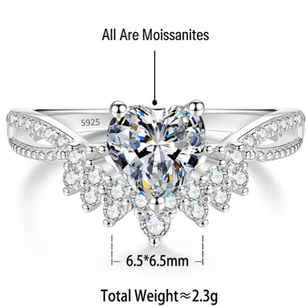 S925 Silver Heart-Shaped Moissanite Ring