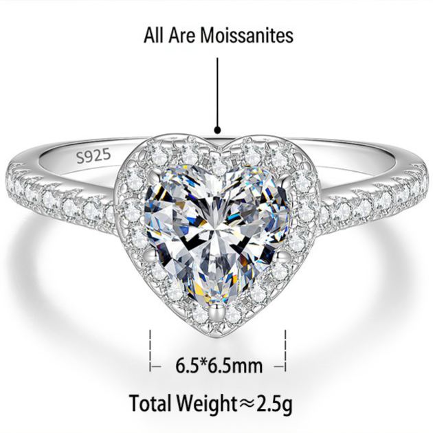 S925 Silver Heart-Shaped Ring with Colored Moissanite