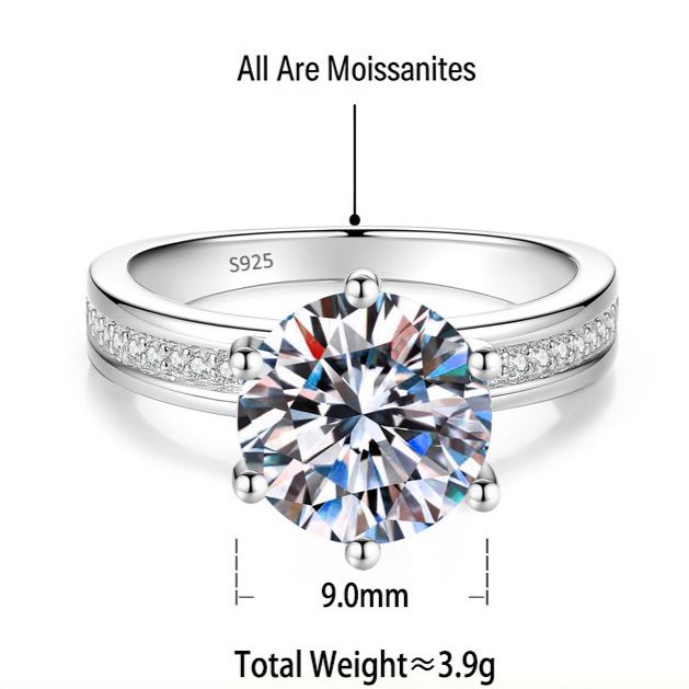 S925 Sterling Silver Six-Prong Round Colored Moissanite Ring