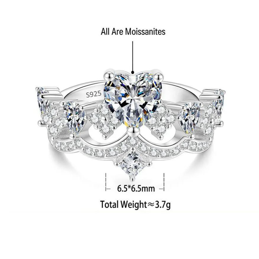 S925 Silver Heart and Crown Ring with Colorful Moissanite
