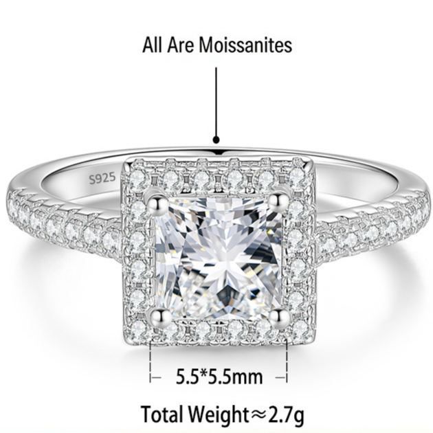 S925 Sterling Silver Square-Cut Colored Moissanite Ring
