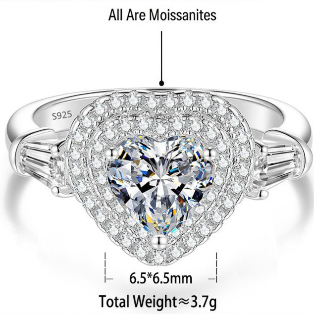 S925 Silver Heart-Shaped Ring with Colored Moissanite