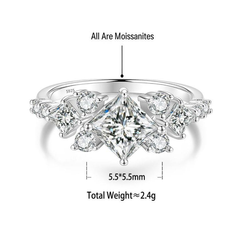 S925 Silver Ring with Colorful Square Moissanite