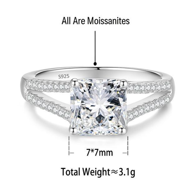 S925 Sterling Silver Square Ring with Colored Moissanite
