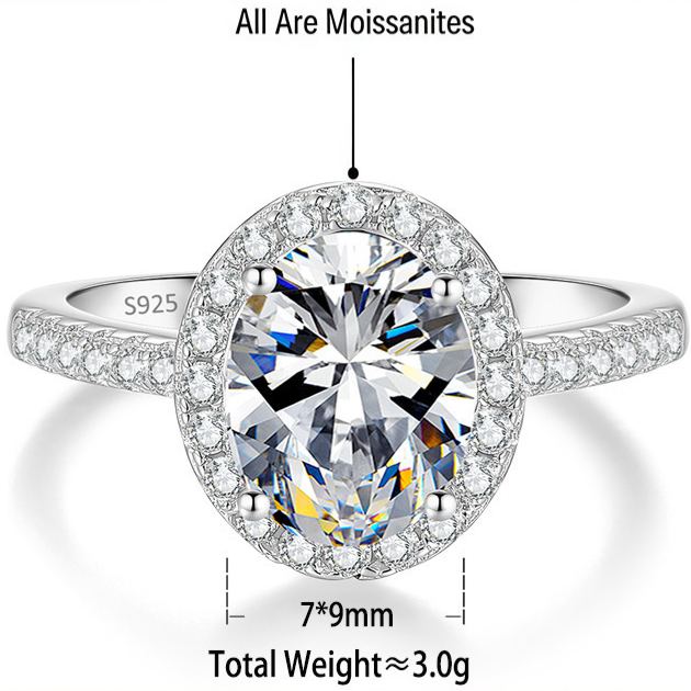S925 Silver Oval-Shaped Ring with Colored Moissanite