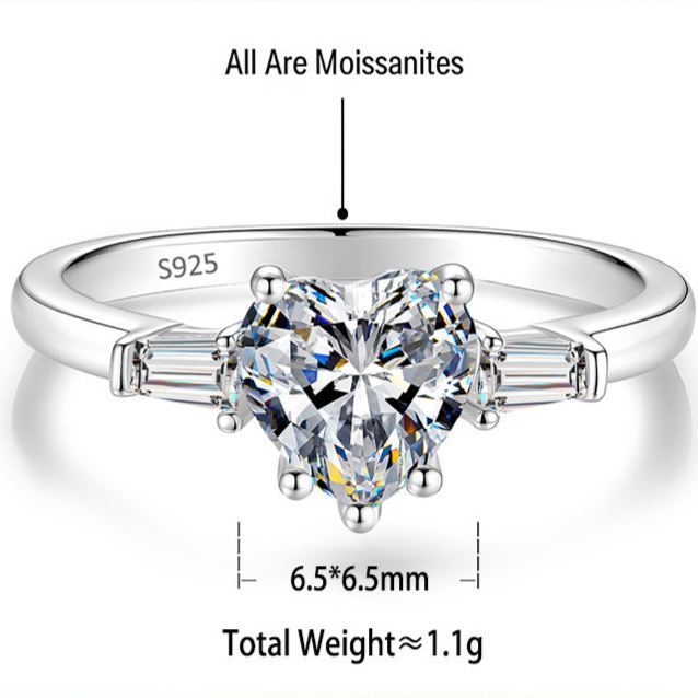 S925 Silver Heart-Shaped Colorful Moissanite Ring