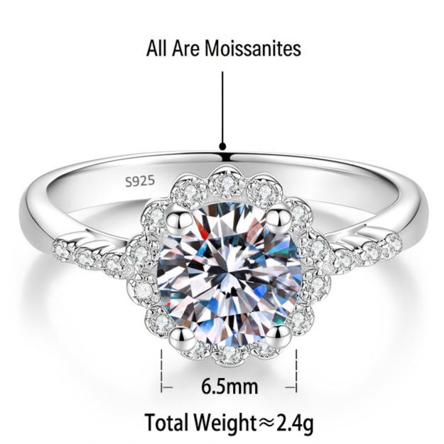 S925 Silver Flower Ring with Colored Moissanite