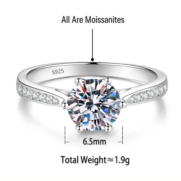 S925 Sterling Silver Six-Prong Round Colored Moissanite Ring
