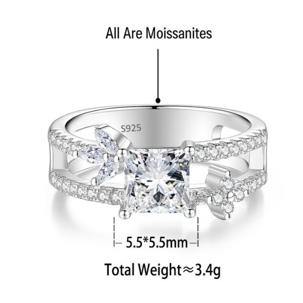 S925 Sterling Silver Square-Cut Colored Moissanite Ring