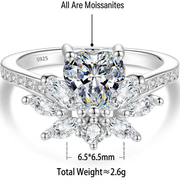S925 Sterling Silver Six-Prong Round Colored Moissanite Ring