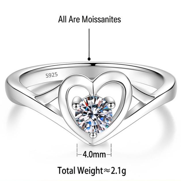 S925 Sterling Silver Heart-Shaped Colorful Moissanite Ring
