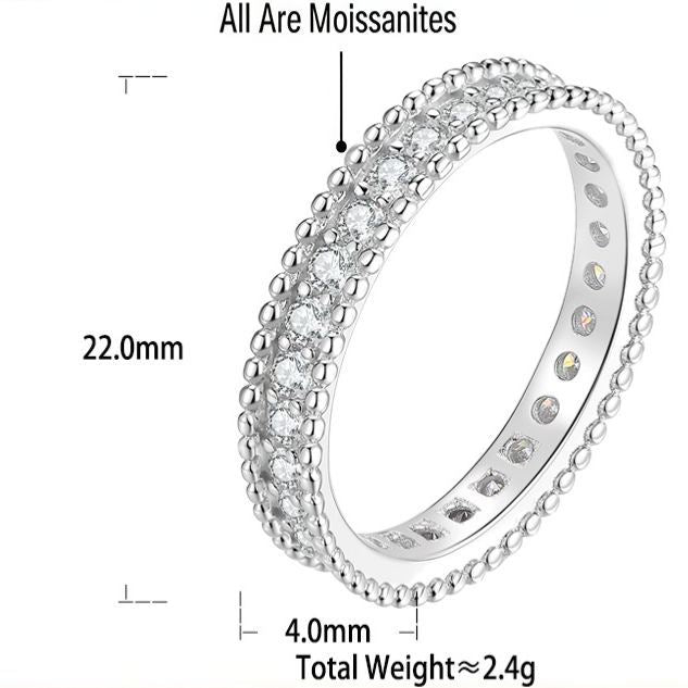 S925 Sterling Silver Moissanite Narrow Ring with Single-Row Beaded Edge