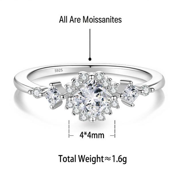 S925 Sterling Silver Square Moissanite Ring