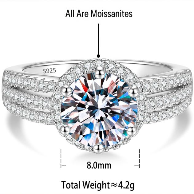 S925 Sterling Silver Six-Prong Moissanite Ring with Micro-Pave Setting