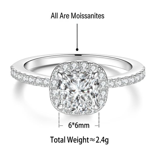 S925 Sterling Silver Square Moissanite Ring