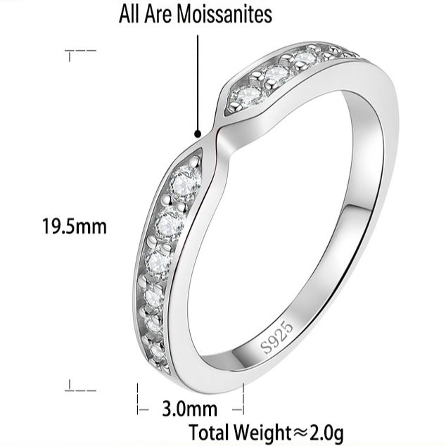 S925 Sterling Silver V-Shaped Moissanite Row Ring