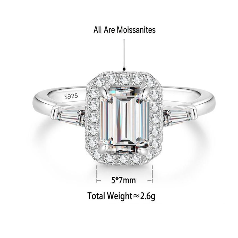 S925 Silver Rectangular Moissanite Ring