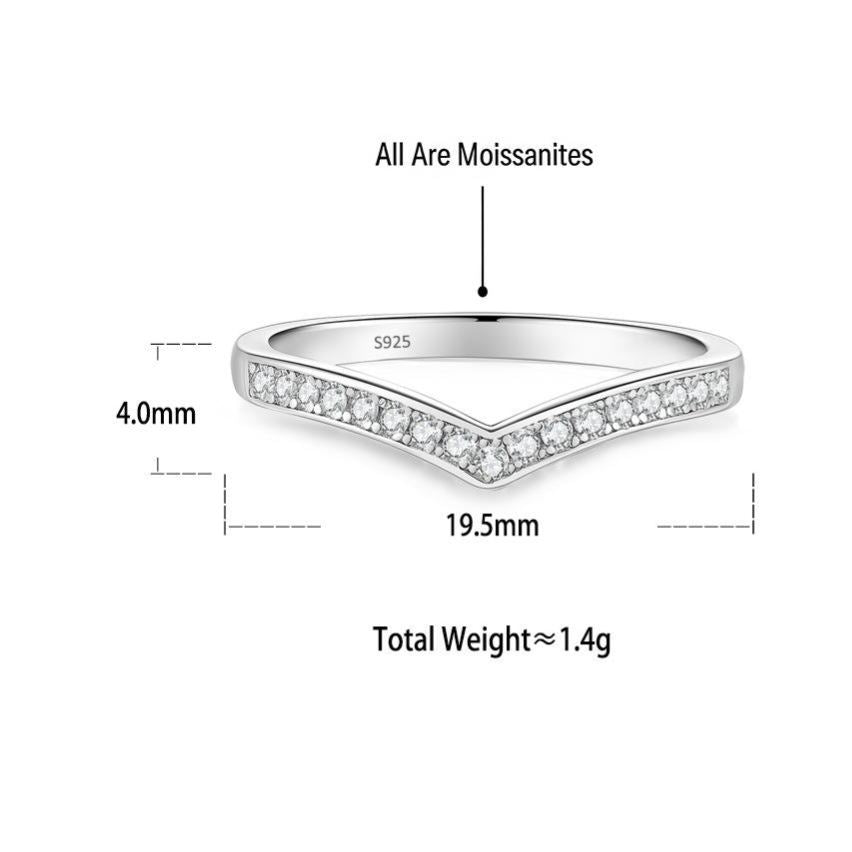 S925 Sterling Silver V-Shaped Moissanite Ring with Pavé Stones