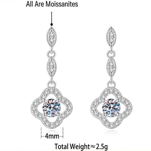 S925 Sterling Silver Long Moissanite Tassel Earrings with Four-Leaf Clover