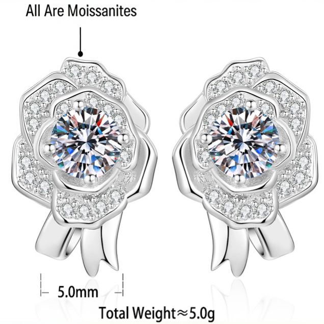 S925 Silver Camellia Stud Earrings with Moissanite
