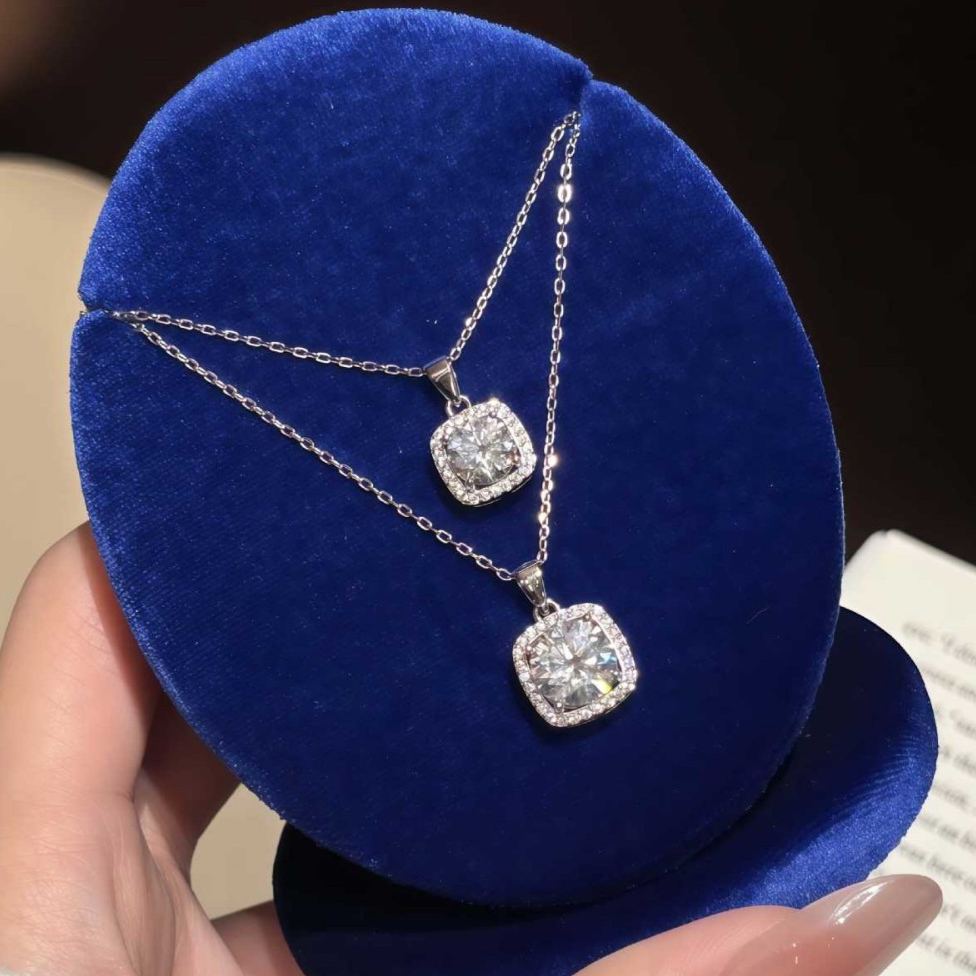 S925 Sterling Silver Small Square Moissanite Pendant Necklace