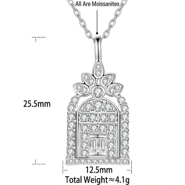 S925 Silver "Gate of Happiness" Castle Moissanite Birdcage Pendant Necklace