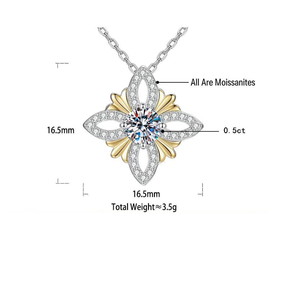 S925 Sterling Silver Gold-Plated Filigree Four-Leaf Clover Moissanite Necklace