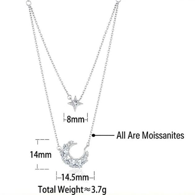 S925 Sterling Silver Double-Layer Moon and Star Moissanite Pendant Necklace