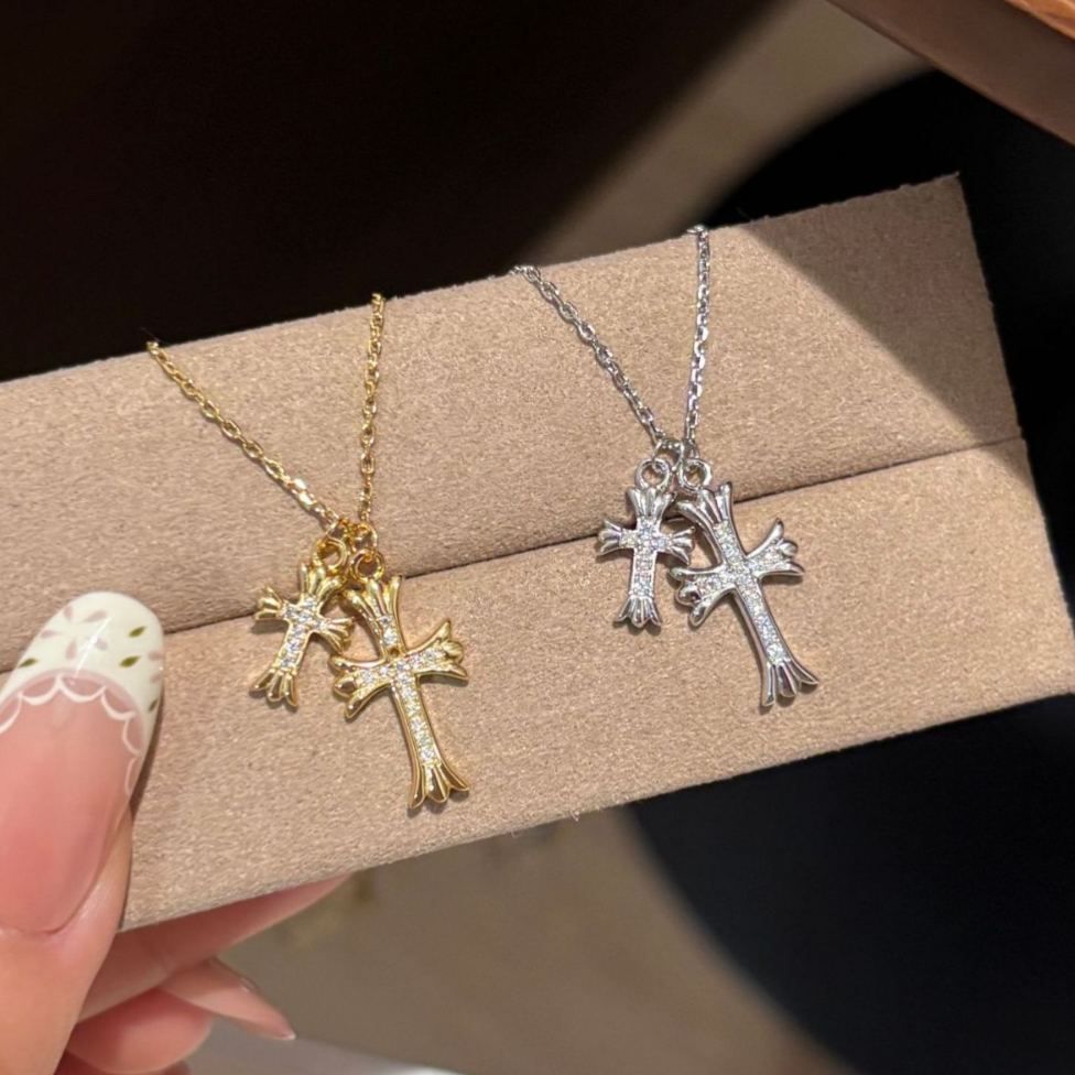 S925 Sterling Silver Moissanite Double Cross Pendant Necklace
