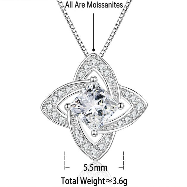 S925 Sterling Silver Moissanite and White Crystal Clover Pendant Necklace