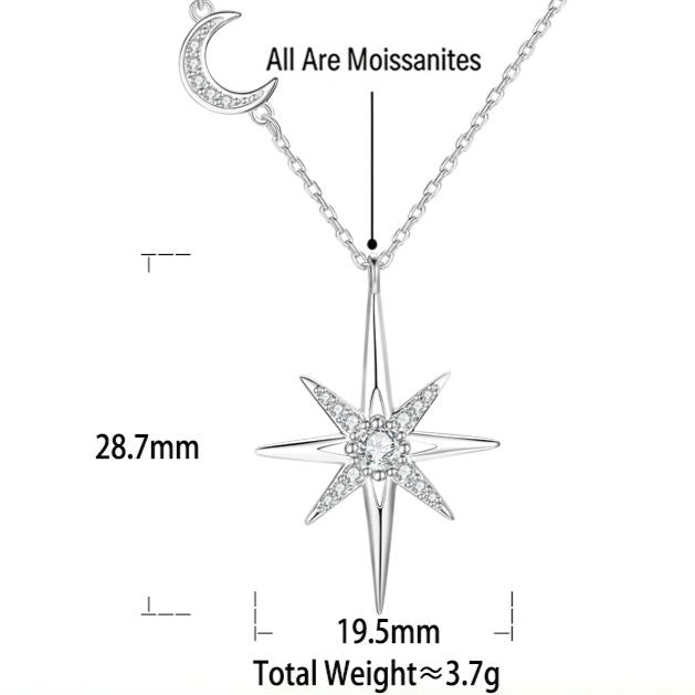 S925 Sterling Silver Eight-Pointed Star and Moon Moissanite Necklace