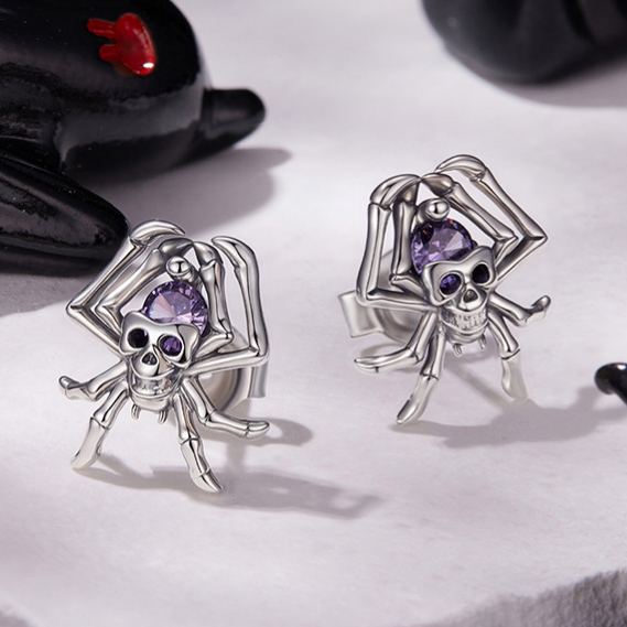 S925 Sterling Silver Gothic Skull and Spider Halloween Stud Earrings