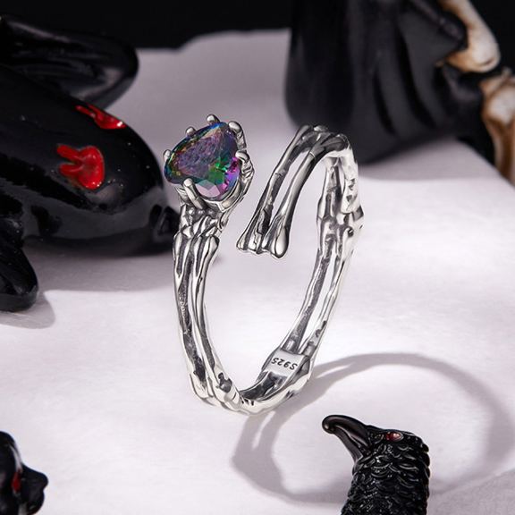 S925 Sterling Silver Halloween Skeleton Hand & Heart Open Ring
