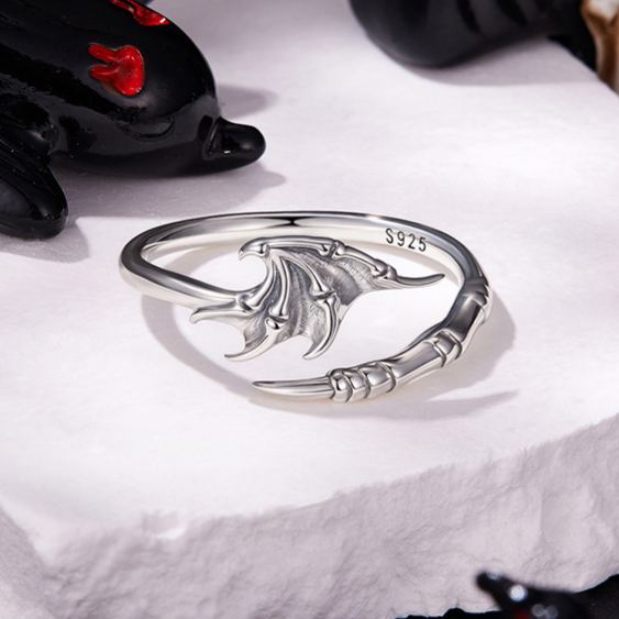 S925 Sterling Silver Halloween Devil Wing Open Ring