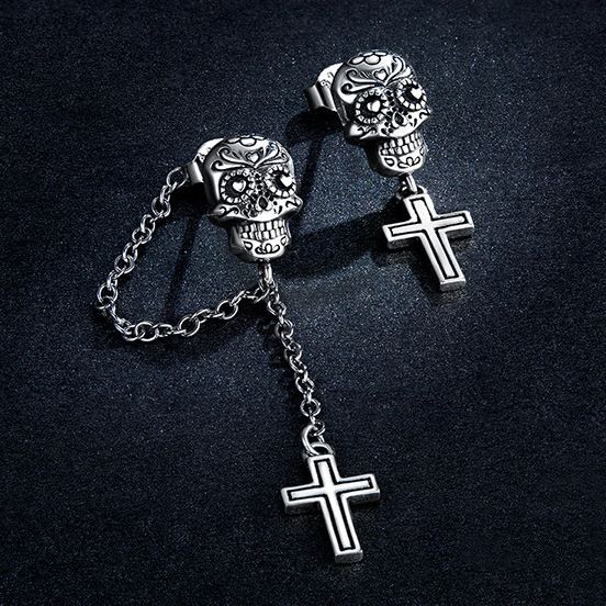 S925 Silver Skull and Cross Halloween Tassel Stud Earrings
