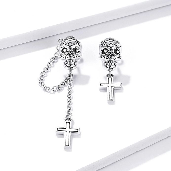 S925 Silver Skull and Cross Halloween Tassel Stud Earrings