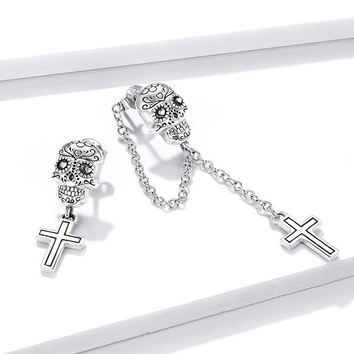 S925 Silver Skull and Cross Halloween Tassel Stud Earrings