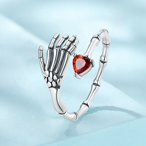 S925 Sterling Silver Halloween Adjustable Open Ring with Red Heart and Skeleton Hand