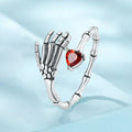 S925 Sterling Silver Halloween Adjustable Open Ring with Red Heart and Skeleton Hand