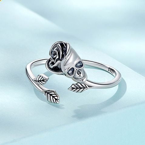 S925 Sterling Silver Halloween Skull and Rose Open Ring