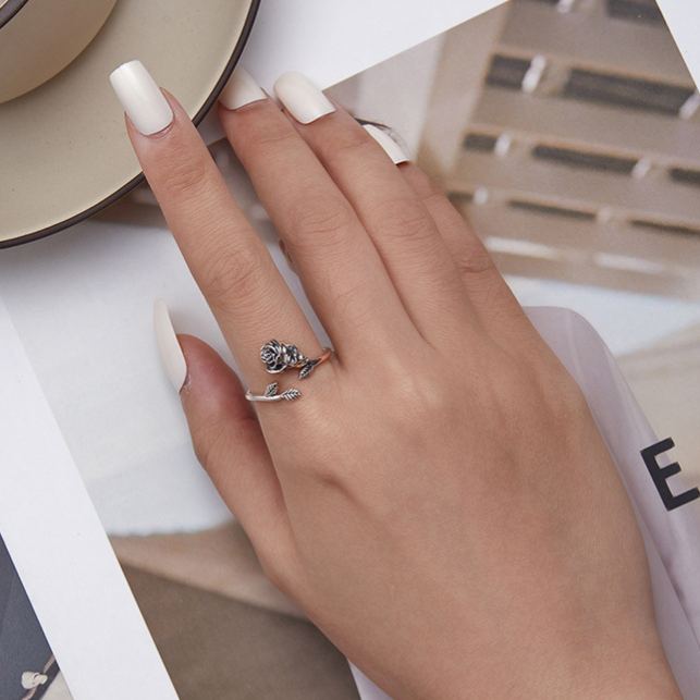 S925 Sterling Silver Halloween Skull and Rose Open Ring