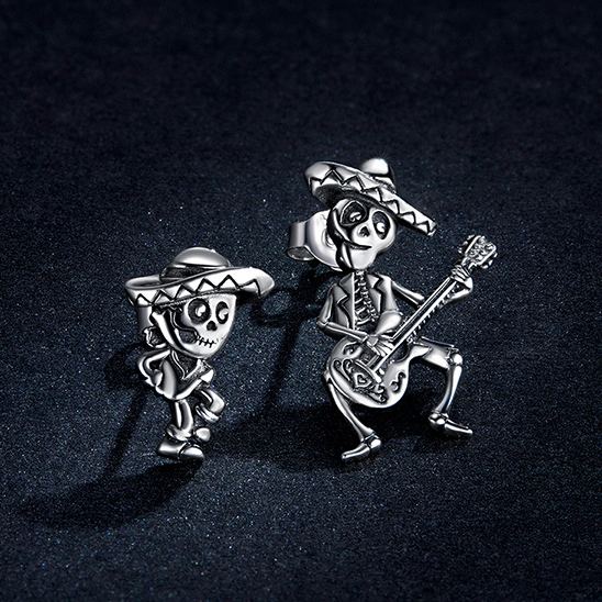 S925 Sterling Silver Quirky Halloween Guitar-Playing Skeleton Stud Earrings