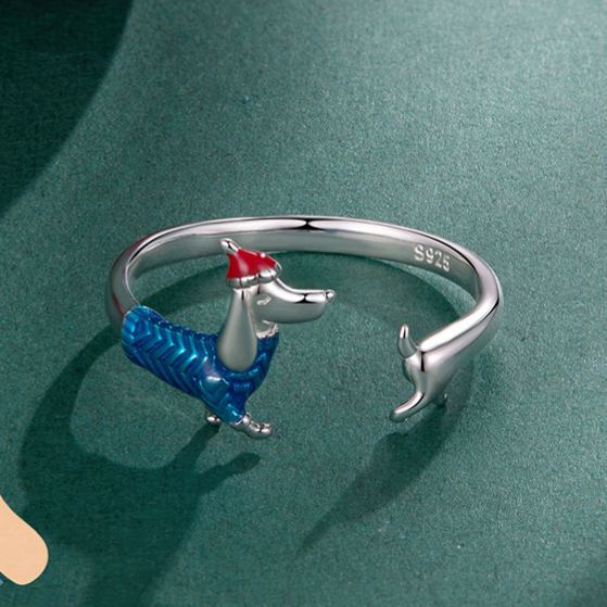 S925 Sterling Silver Adjustable Open Ring – Christmas Dachshund Design