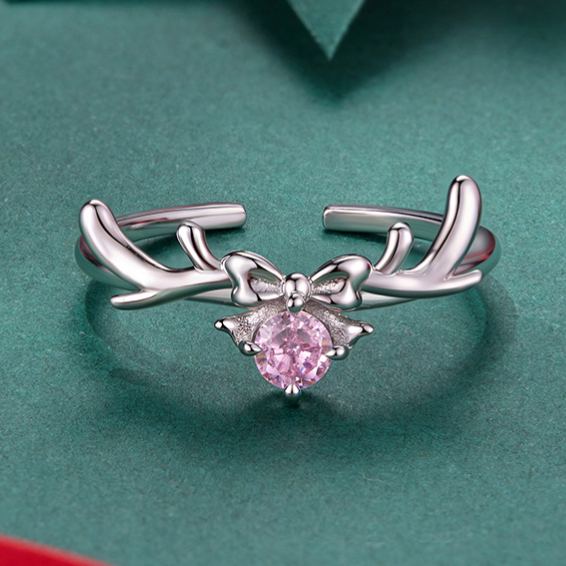 S925 Sterling Silver Christmas Bow and Reindeer Open Adjustable Ring