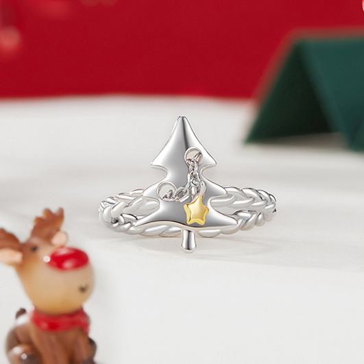 S925 Sterling Silver Christmas Tree Open Ring