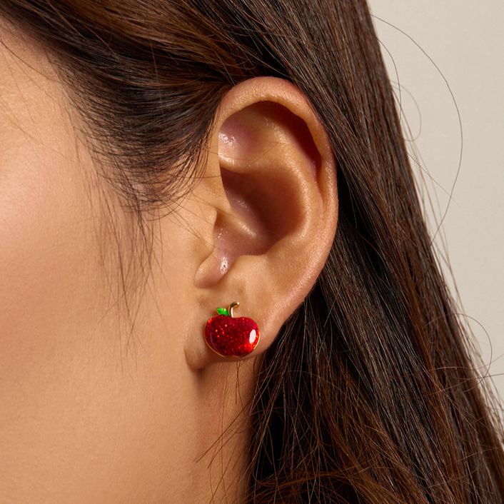 S925 Sterling Silver Christmas Red Enamel Apple Stud Earrings